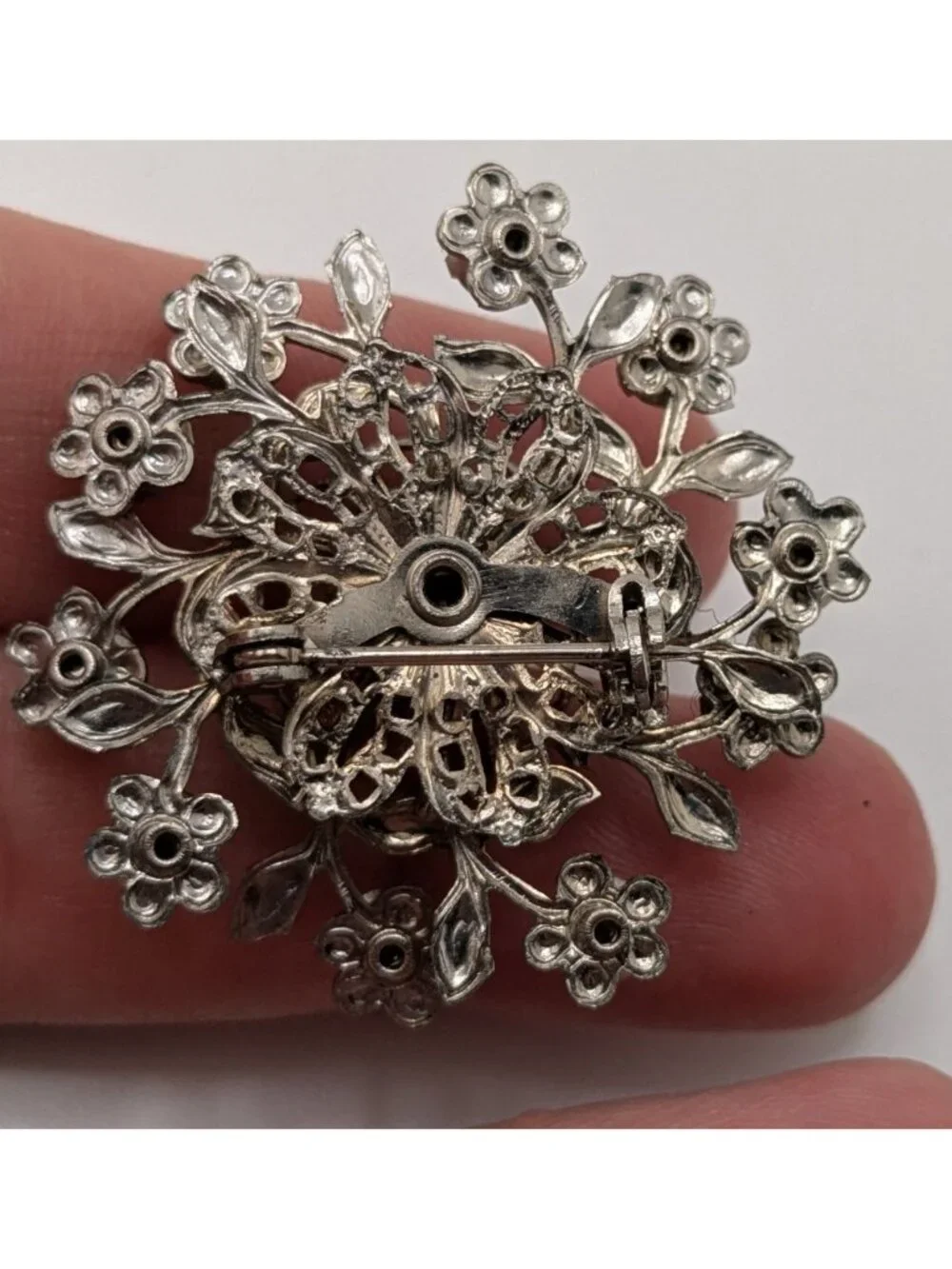 Vintage Floral Rhinestone Brooch Silver Midcentury Glam Pin